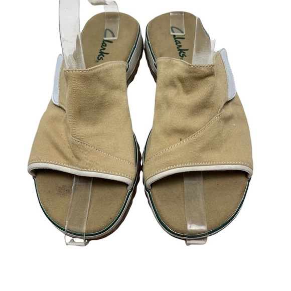 CLARKS Beige Tan White Canvas Slides Flip Flops Neutral Shoes Flats Casual sz 9 - Picture 3 of 16